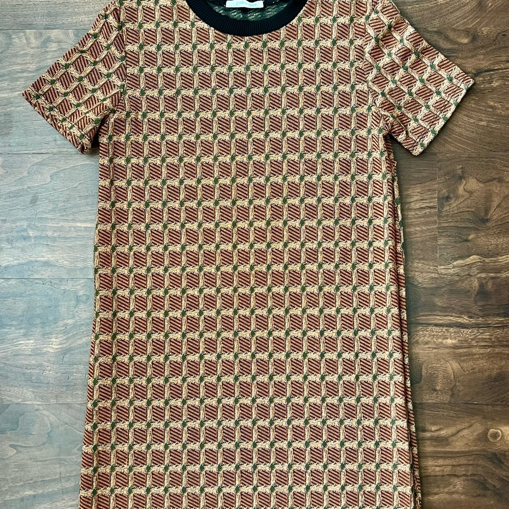 Zara Trafaluc Women’s Geometric Burnt Orange/Green Plaid Print Knit Dress Size M